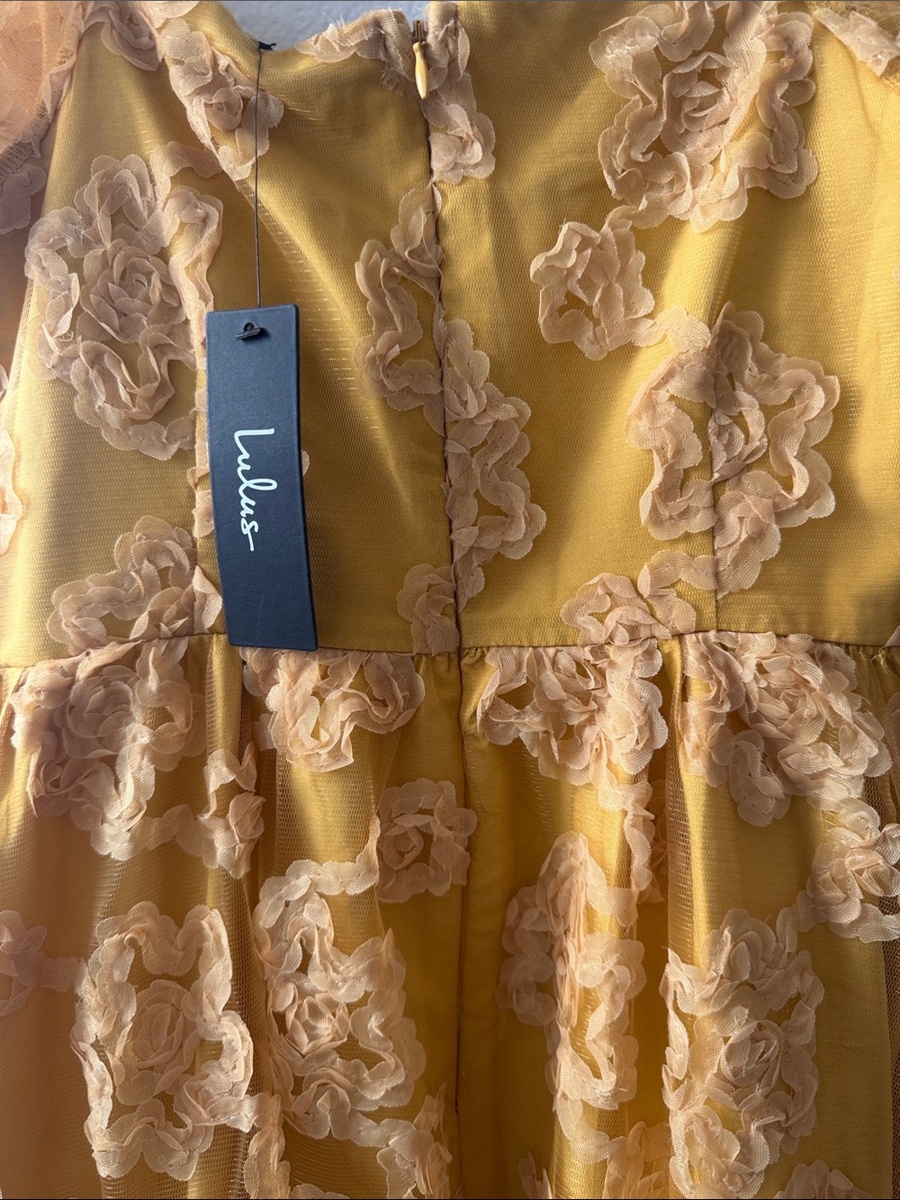 Lulu's Yellow Floral Lace Midi Dress with Puff Sleeves - Picture 2 of 3